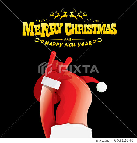 vector cartoon Santa Claus rock n roll style with golden greeting text on black background with christmas star lights. Merry Christmas Rock n roll party poster design or greeting card. vector cartoon Santa Claus rock n roll style with golden greeting text on black background with christmas star lights. Merry Christmas Rock n roll party poster design or greeting card. 60312640
