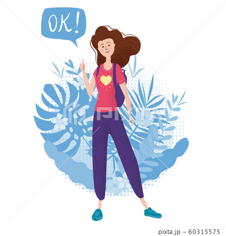 Happy teenage girl with thumb up. Student with backpack bubble OK. Vector trendy flat cartoon style, illustration. Floral background Happy teenage girl with thumb up. Student with backpack bubble OK. Vector trendy flat cartoon style, illustration. Floral background 60315575