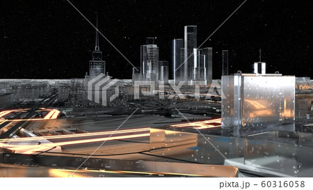 3D city of glass with luminous roads. Starry sky 60316058