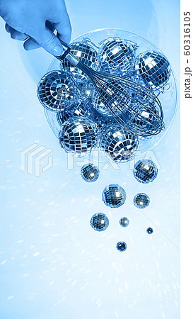 Blue color 2020 with creative pattern made of silver disco balls. 60316105