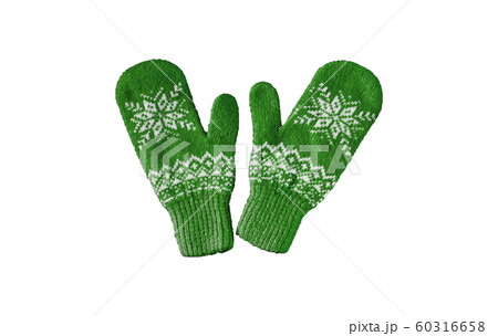 pair of green knitted mittens with christmas 60316658