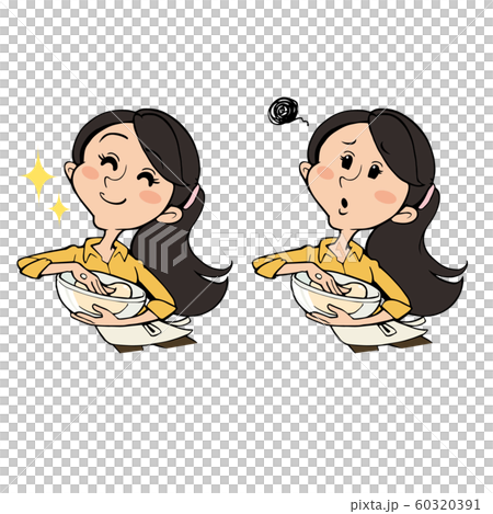 一個穿著圍裙的女人,揉著粉:微笑和尷尬的表情 一個穿著圍裙的女人,揉著粉:微笑和尷尬的表情 60320391