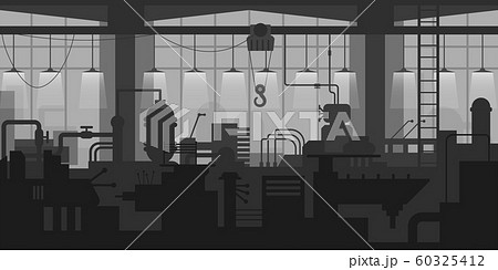 Factory plant interior with conveyor and manufacturing equipment in grey 60325412