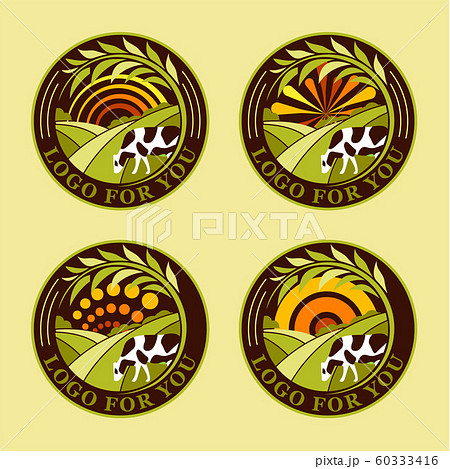 Set of round agricultural vector logos. Farm icons. Dairy products symbols. Fresh meat signs. Green meadow illustration. Nature image. Organic products. Eco label. Rural landscape. Set of round agricultural vector logos. Farm icons. Dairy products symbols. Fresh meat signs. Green meadow illustration. Nature image. Organic products. Eco label. Rural landscape. 60333416