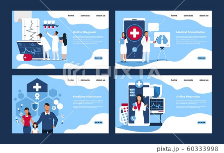 Pharmacy landing page. Medical web site mockups with cartoon people characters, online pharmacy and store concept. Vector set 60333998