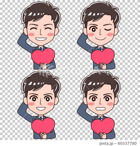 ハートの形を持って幸せそうに笑う男性の4つの表情のセット 60337780