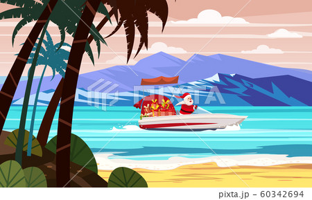 Merry Christmas Santa Claus on speed boat on ocean sea tropical island palms mountains seaside. Vector illustration isolated cartoon style 60342694