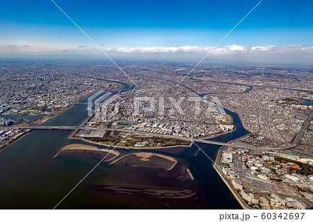 空撮 荒川 旧江戸川 葛西ジャンクション 葛西臨海公園 葛西海浜公園 ディズニーシーの写真素材