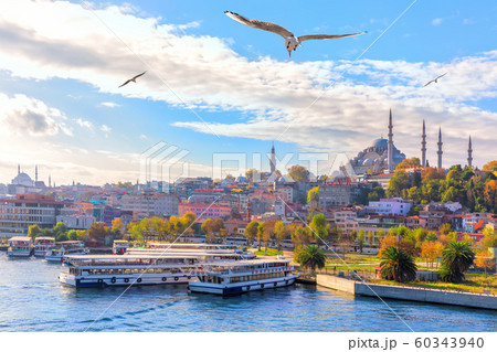Eminonu pier and the Suleymaniye Mosque in Istanbul, Turkey 60343940