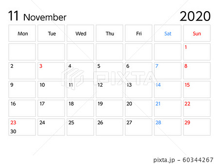 2020年11月カレンダー月曜始まりa4比率横長のイラスト素材 60344267