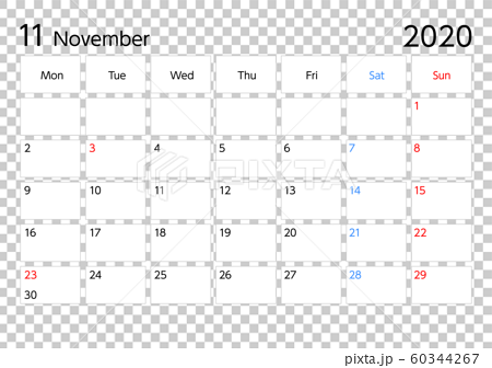 年11月カレンダー月曜始まりa4比率横長のイラスト素材