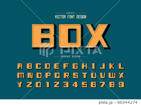 Orange font and black shadow alphabet vector, Bold square typeface letter and number design, Graphic text on blue background Orange font and black shadow alphabet vector, Bold square typeface letter and number design, Graphic text on blue background 60344274