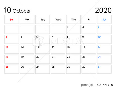 2020年10月カレンダー日曜始まりa4比率横長のイラスト素材 60344310 Pixta