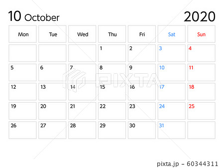 年10月カレンダー月曜始まりa4比率横長のイラスト素材