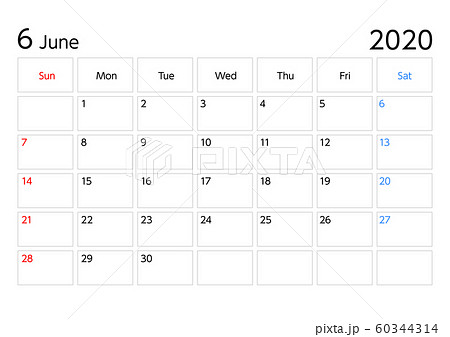2020年6月カレンダー日曜始まりa4比率横長のイラスト素材 60344314