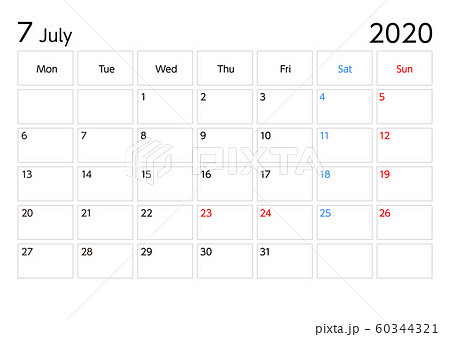 年7月カレンダー月曜始まりa4比率横長のイラスト素材