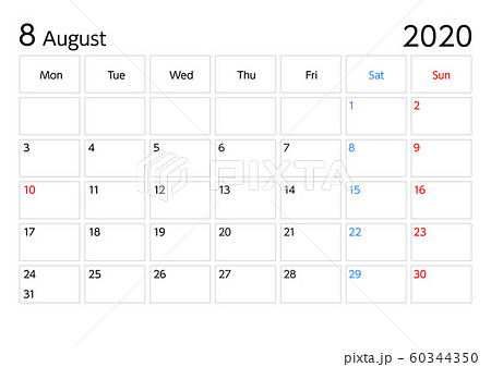 年8月カレンダー月曜始まりa4比率横長のイラスト素材