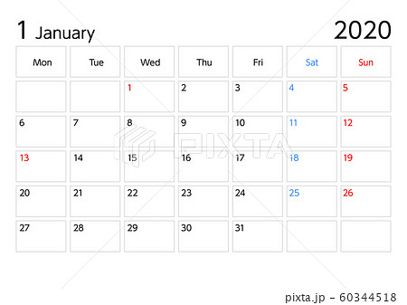年1月カレンダー月曜始まりa4比率横長のイラスト素材