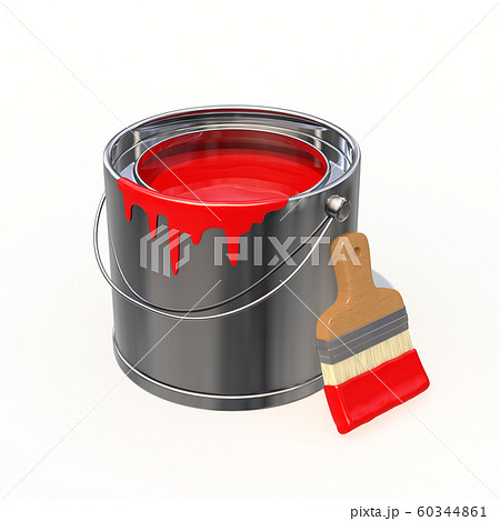 赤色のペンキが入ったペンキ缶と刷毛のイラスト素材