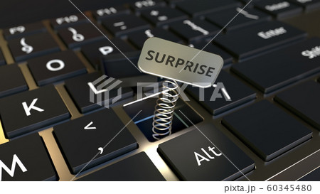 Computer keyboard and jack-in-the-box SURPRISE message in the key. Conceptual 3D rendering Computer keyboard and jack-in-the-box SURPRISE message in the key. Conceptual 3D rendering 60345480