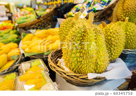 Durian Fruits For Sale On Market Stall 60345758