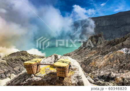 Baskets of sulfur at Kawah Ijen volcano, Java, 60346820