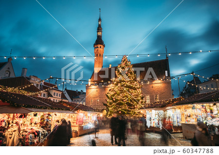 Tallinn, Estonia. Traditional Christmas Market On Town Hall Square. Christmas Tree And Trading Houses. Famous Landmark. 60347788