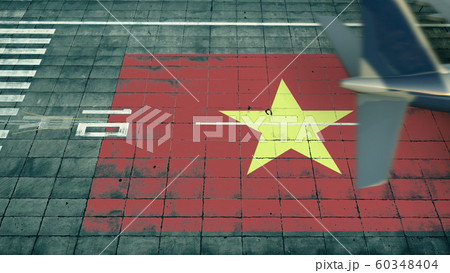 Aerial view of a landing airplane revealing flag of Vietnam on the airfield of an airport. Air travel related conceptual 3D rendering 60348404