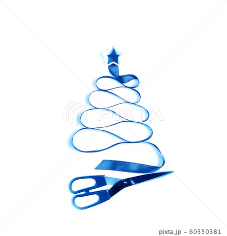 Christmas tree made from blue satin ribbon with scissors on white background. Christmas tree made from blue satin ribbon with scissors on white background. 60350381