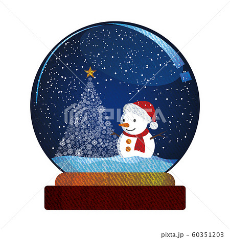 クリスマスのイメージのスノードームのイラスト 夜景の雪だるまと雪の結晶のツリーのイラストのイラスト素材