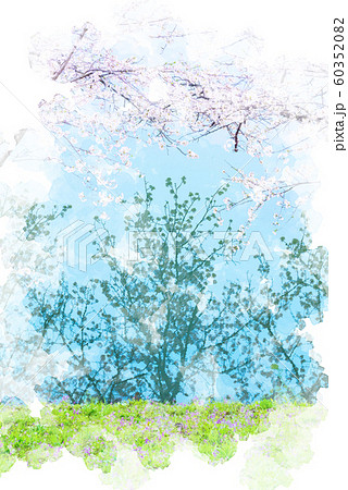 水面に反射した空と桜 水彩画風のイラスト素材 6035