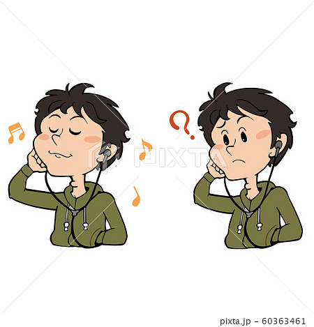イヤホンで音楽を聴いている男性 笑顔と困り顔のセットのイラスト素材