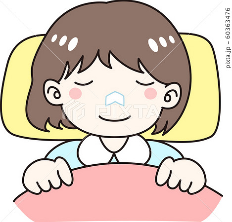 鼻にテープを貼って眠る女の子 鼻呼吸 鼻腔拡張 乾燥 いび 防止 矯正 テープ 睡眠 布団 夜 寝るのイラスト素材