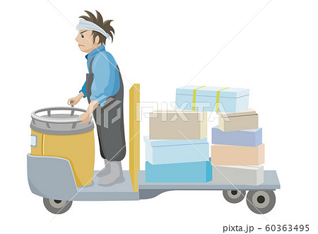 ターレを運転して荷物を運ぶ男性 ターレットトラックにのる男性 のイラスト素材