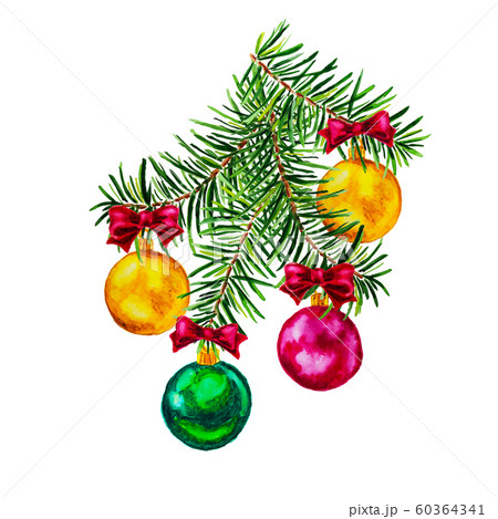 Christmas fir tree branch, ornaments with bows 60364341