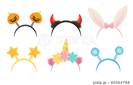 Collection of Cute Headbands for Carnival Party, Rabbit Ears, Devil and Unicorn Horns, Pumpkins, Stars and Balls on Springs Vector Illustration Collection of Cute Headbands for Carnival Party, Rabbit Ears, Devil and Unicorn Horns, Pumpkins, Stars and Balls on Springs Vector Illustration 60364788