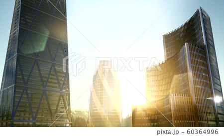city skyscrapes with lense flairs at sunset 60364996