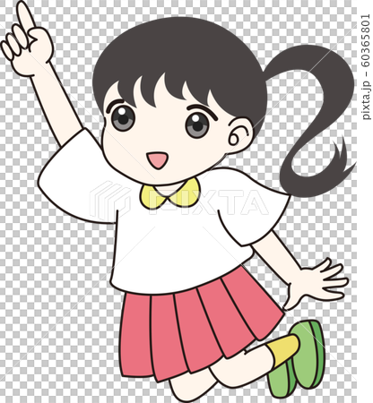 女の子 ジャンプ 指差す 案内 子ども 元気 ポイント ポニーテール かわいい スカートのイラスト素材
