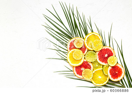 Tropical fruits and palm leaves on a white 60366886