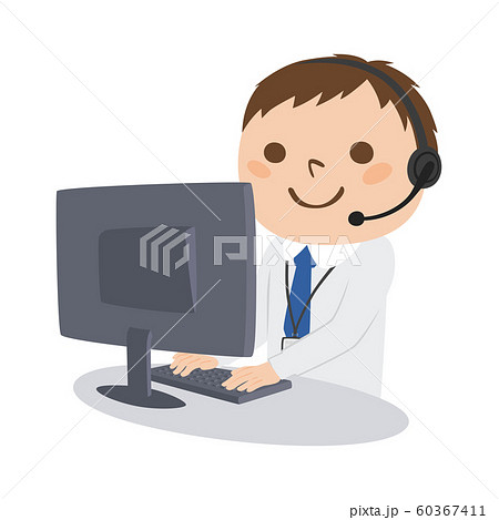職業のイラスト 男性の電話オペレーター ヘッドセットを付けて仕事をしている男性 のイラスト素材