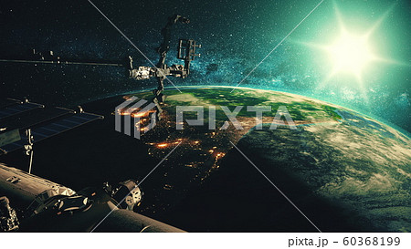 Detailed of ISS orbiting realistic planet Earth 60368199