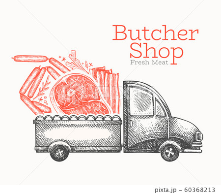 Butcher shop delivery logo template. Hand drawn 60368213