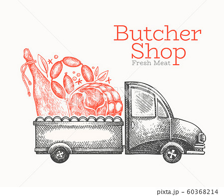 Butcher shop delivery logo template. Hand drawn 60368214