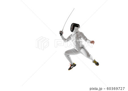 Teen girl in fencing costume with sword in hand isolated on white background 60369727