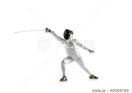 Teen girl in fencing costume with sword in hand isolated on white background 60369789