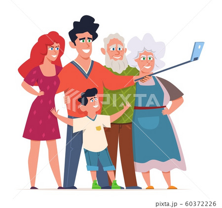 Family photo selfie. Group portrait three generations shooting. Grandparents, parents and children with phone and selfie stick vector concept 60372226