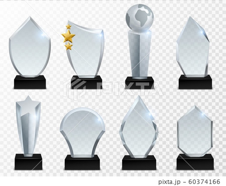 Glass award. Transparent crystal trophy, acrylic achievement and winner prize isolated vector set 60374166