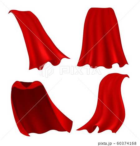 Red cape. Realistic draped scarlet cloak front, side and back view, silk mantle model clothing, carnival costume accessories vector set 60374168