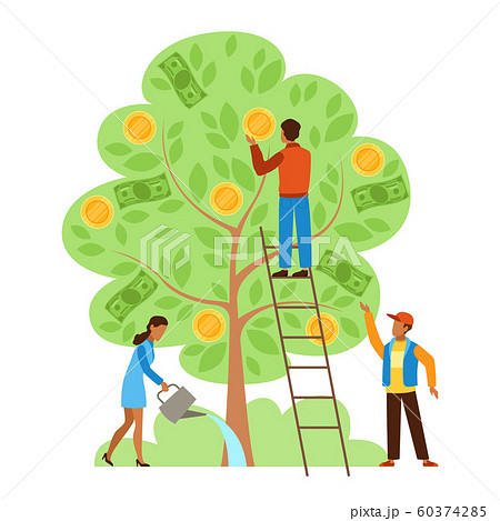 Money tree. Characters picking cash from money tree, income growing metaphor, investors strategy profitable startup business vector concept Money tree. Characters picking cash from money tree, income growing metaphor, investors strategy profitable startup business vector concept 60374285