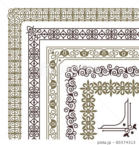 Seamless corners. Filigree flourish ornament borders for wedding card vintage tile frame vector pattern set Seamless corners. Filigree flourish ornament borders for wedding card vintage tile frame vector pattern set 60374313
